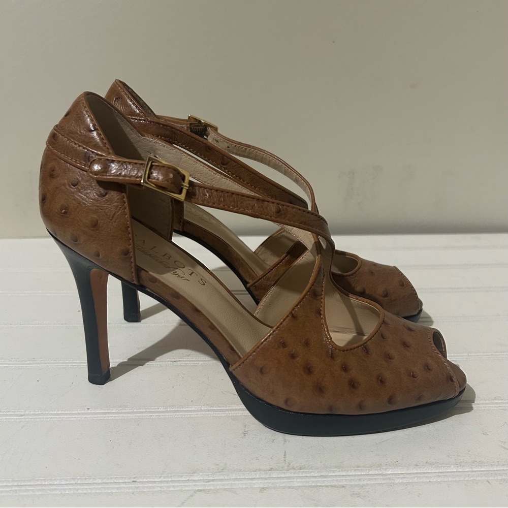 Talbots Women’s Shoes 5.5B Peep Toe Tan‎ Brown Strap Sandals Heels Pumps Party